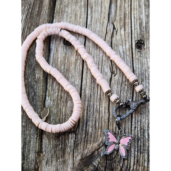 Pink Puka Shell Pave Diamond Sterling Silver Enamel Butterfly Pendant Necklace - Picture 3 of 9